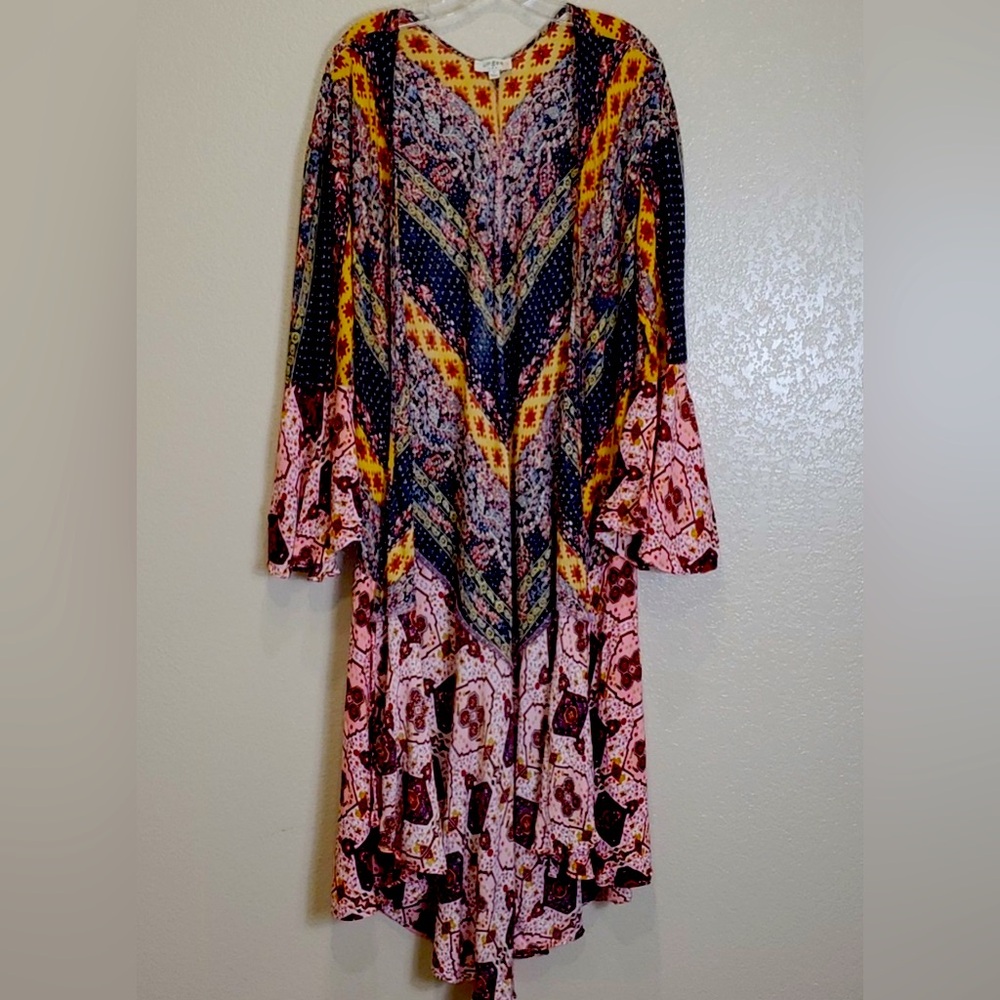 Umgee Maxi Length Multicolor Floral Print Flared Sleeve Kimono
